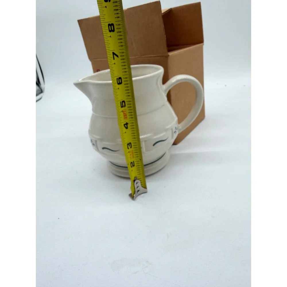 Longaberger Pottery Heritage Green Small Juice Pitcher Cream Ceramic Stoneware